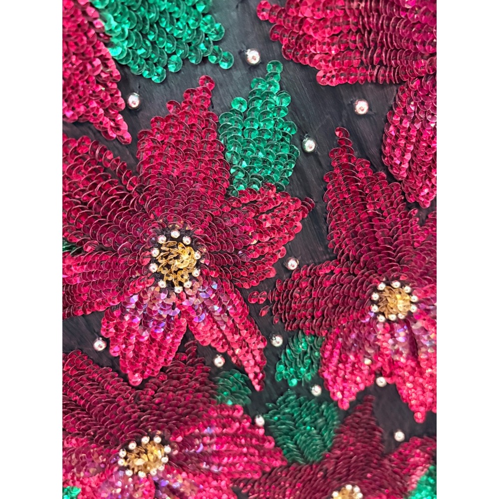 Laurence Kazar Christmascore Poinsettia Top Sz L Red Green Beaded Vintage Glam - Picture 3 of 4
